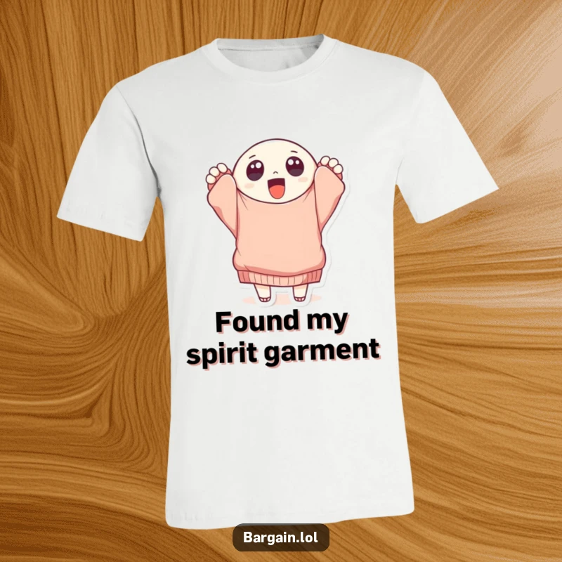 Funny small, round character with big eyes holding a tattered, oversized sweater, celebrating thrift store fashion on a humorous t-shirt.