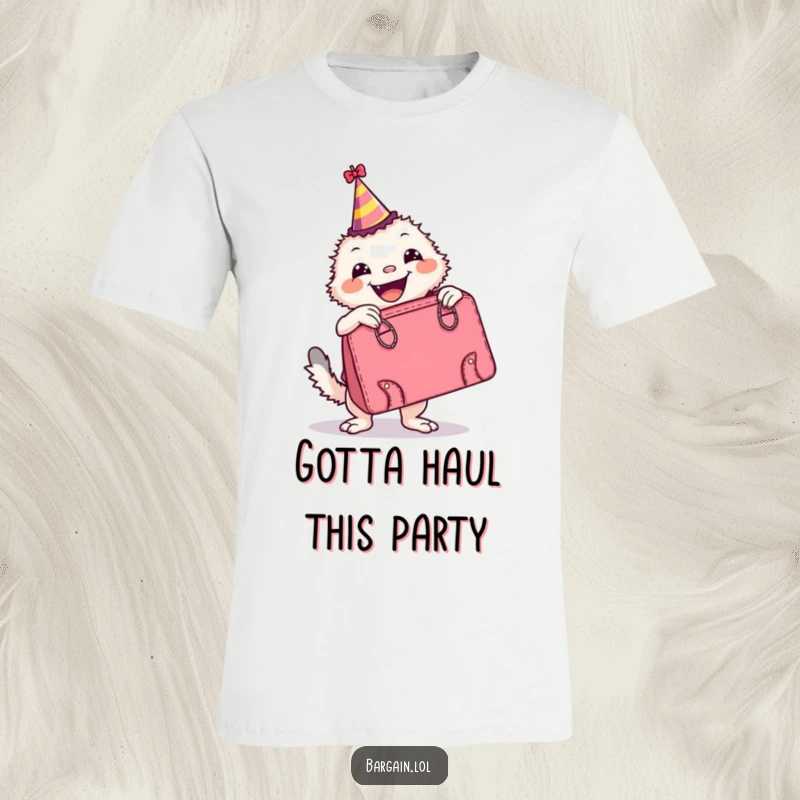 Funny T-Shirt: A delighted creature wearing a party hat strikes a pose with an enormous, stylish retro handbag, ready for fun.