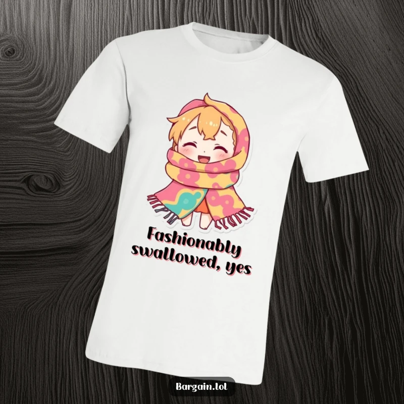 Funny T-Shirt: A small character is depicted joyfully swallowed by a ridiculously large and brightly patterned scarf, a cozy spectacle.
