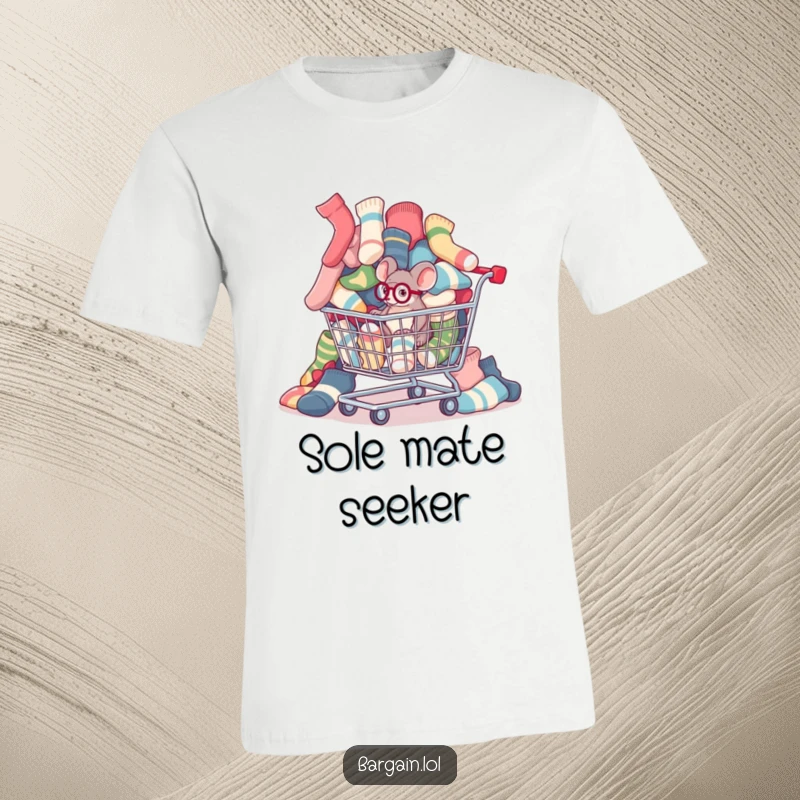Funny t-shirt with a tiny mouse wearing a monocle inspecting mismatched socks from a shopping cart.