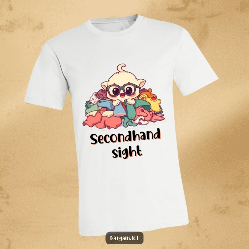 Funny t-shirt with a whimsical, bespectacled creature enthusiastically searching through a mountain of pre-worn garments.