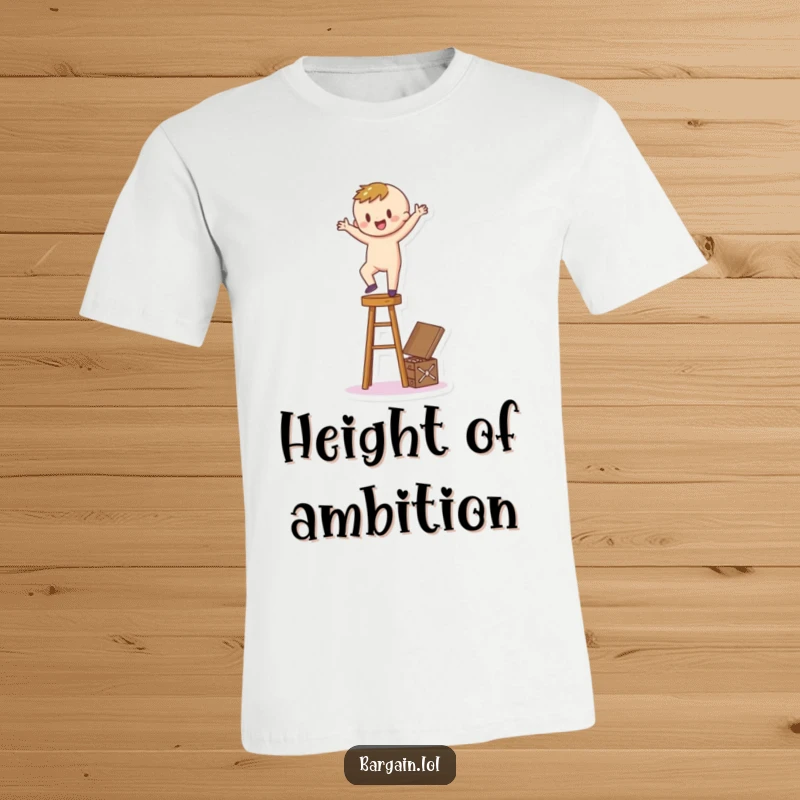 Funny T-Shirt: A cheerful cartoon character precariously balances on a stool, stretching to grab a concealed treasure box.
