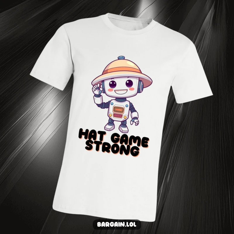 Funny t-shirt showcasing a silly robot with a massive grin, comically attempting to fit an oversized hat onto its head.