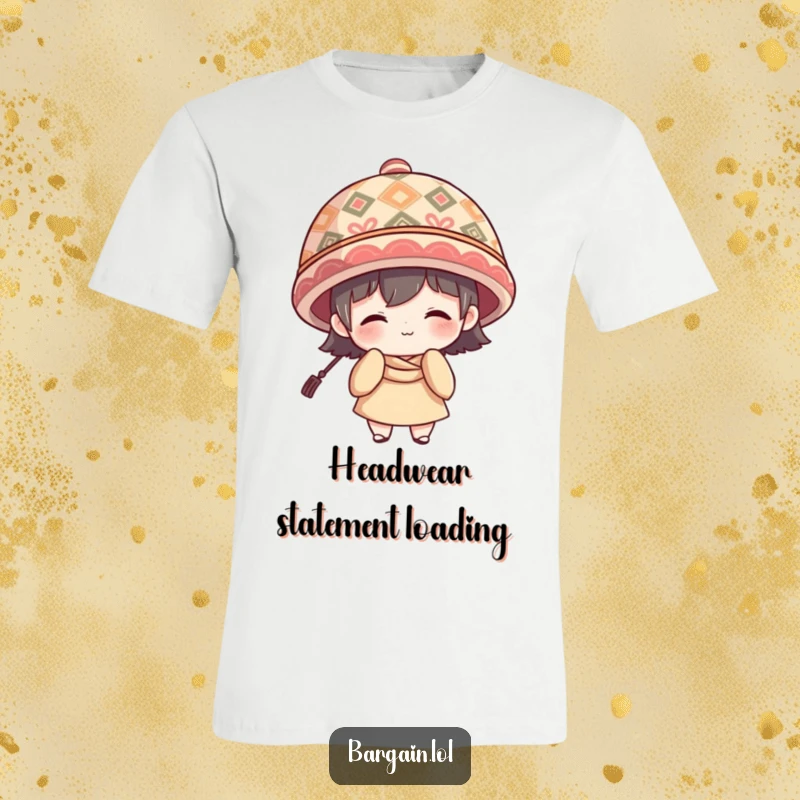 Funny T-Shirt: Character with a shy smile, wearing a huge patterned hat, embodying quirky fashion.