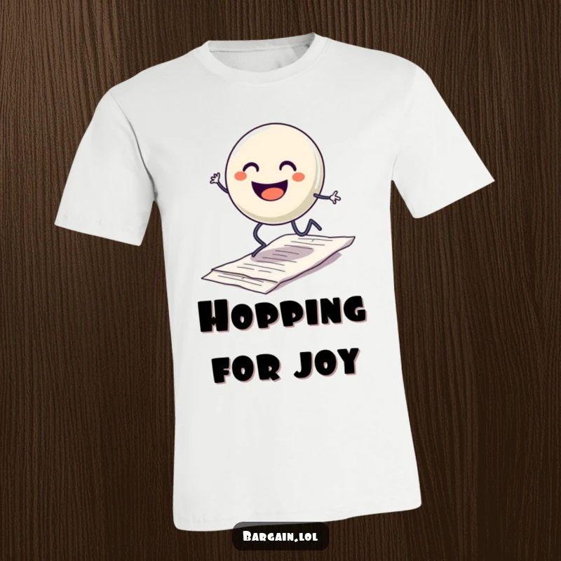 Funny t-shirt with a smiling button character with legs hopping excitedly over a discarded crumpled receipt, a symbol of overcoming tiny obstacles.