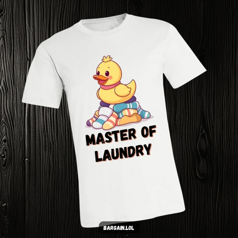 Funny t-shirt with a rubber ducky gleefully balancing mismatched socks, celebrating the humorous side of laundry day.