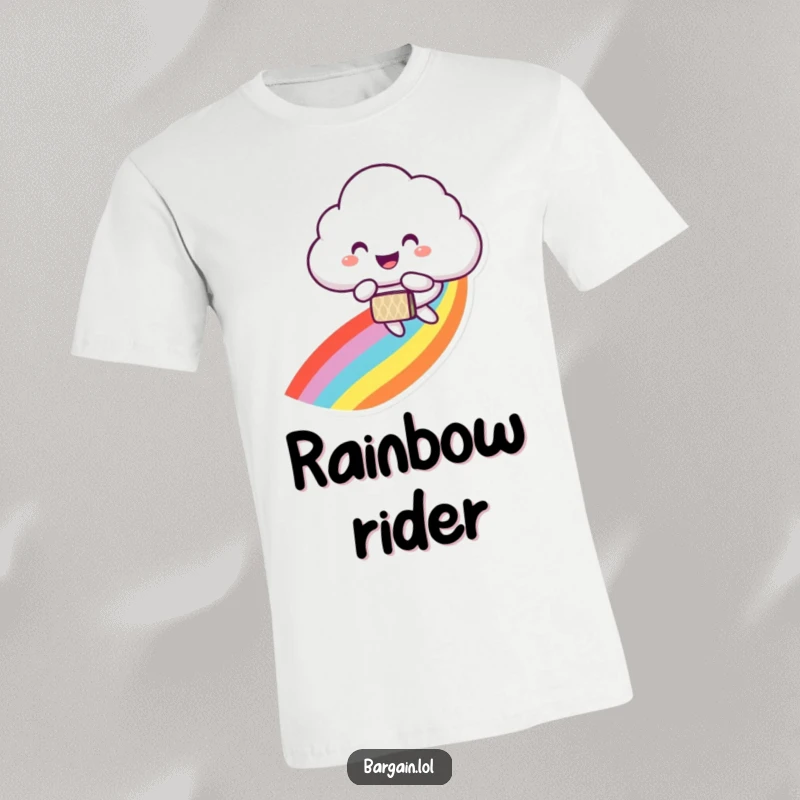 Funny t-shirt showing a smiling cloud character joyfully descending a rainbow trail, carrying a small patterned bag.