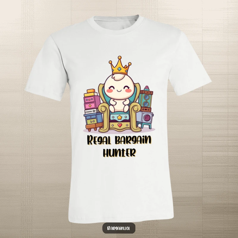 Funny t-shirt with a cheerful, round character sporting a tiny crown, sitting majestically on a throne made of assorted thrift shop items.