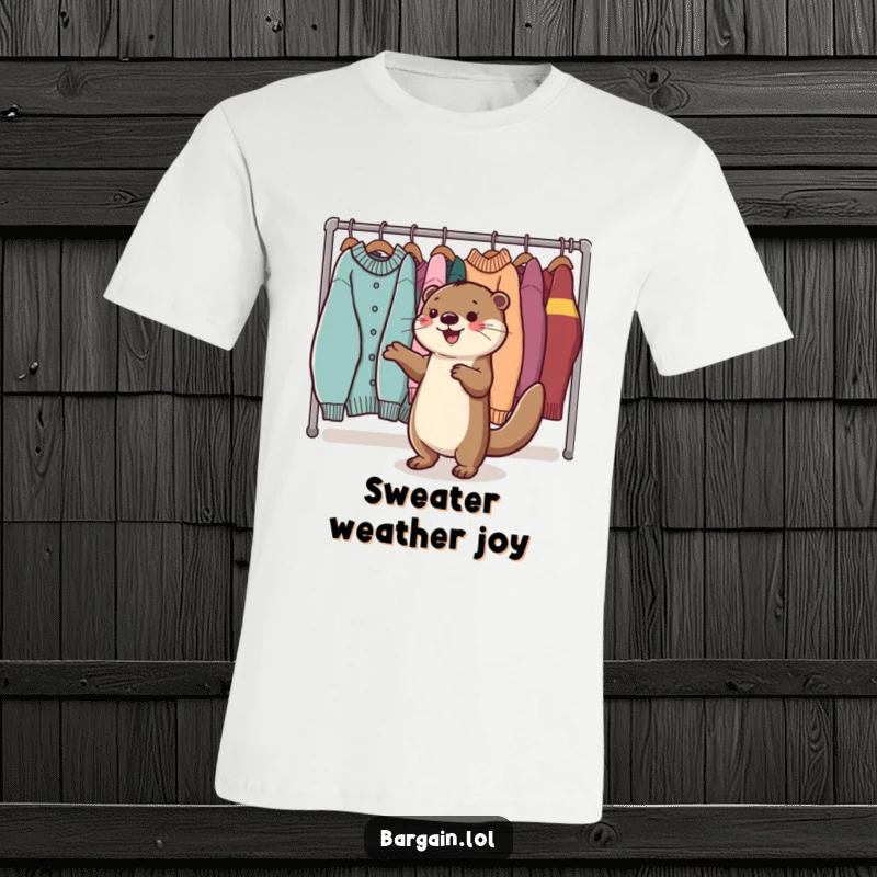 Funny Kawaii otter t-shirt showing a happy otter dancing ecstatically near a rack of sweaters, perfect for cozy style.