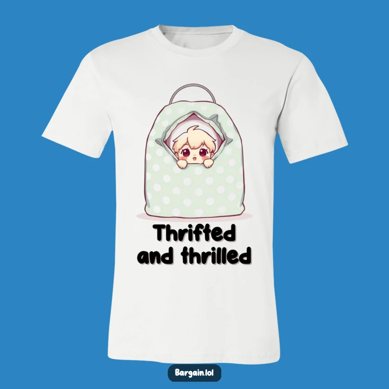Funny Thrift Bag T-Shirt: Tiny Character's Surprised Expression Tee