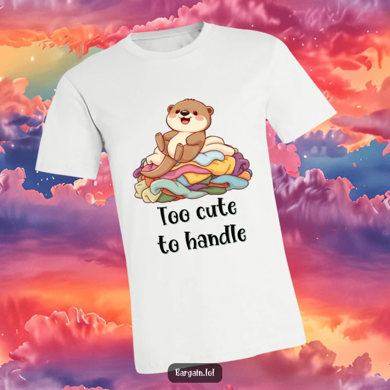 Funny t-shirt depicting a cute otter character gleefully sliding down a vibrant, multicolored pile of clothing items.