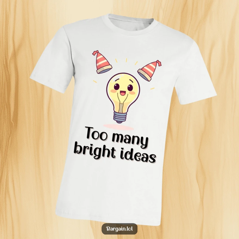 Funny surprised lightbulb t-shirt, juggling three wobbly hats, representing multitasking and creativity, hilarious funny gift.