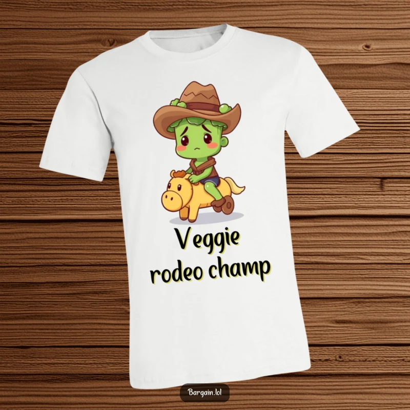 Funny t-shirt depicting a confused broccoli sprout in a cowboy hat, hilariously riding a squeaky toy.