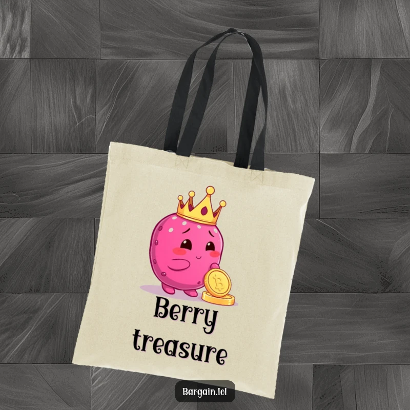 Funny tote bag with a crowned plump berry character admiringly looking at a shiny coin, perfect for carrying daily treasures.