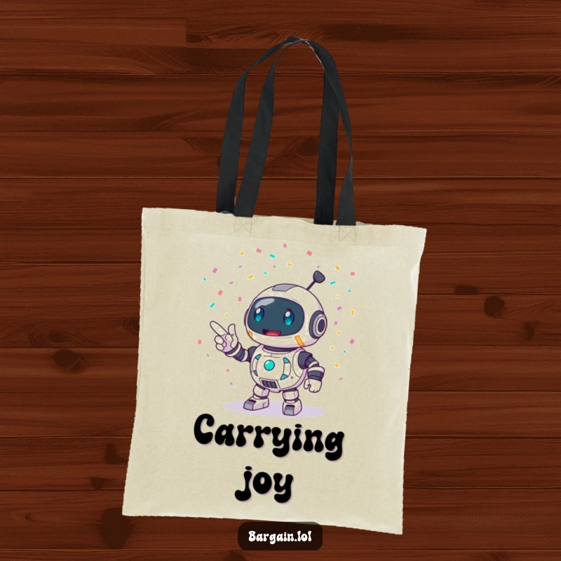 Funny tote bag featuring a round robot character enthusiastically pointing at a burst of confetti, perfect for carrying party supplies.