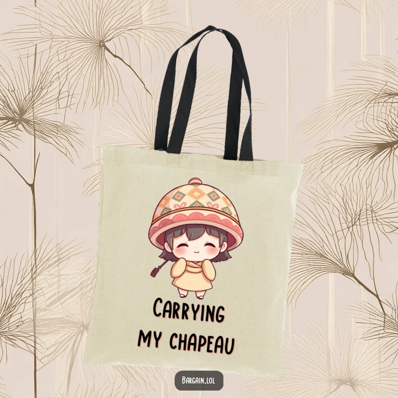 Funny Tote Bag: Character with shy smile, wearing a giant patterned hat, for stylish carrying.