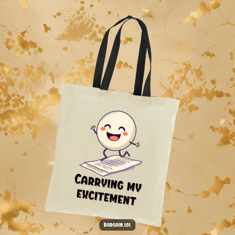 Funny tote bag featuring a smiling button character with legs hopping excitedly over a discarded crumpled receipt, ideal for carrying items with humor.