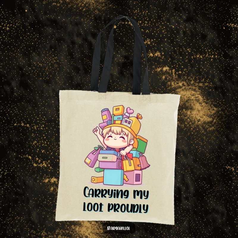 Funny cute character triumphantly balancing colorful mismatched bargain items, printed on a tote bag for a humorous shopping accessory.