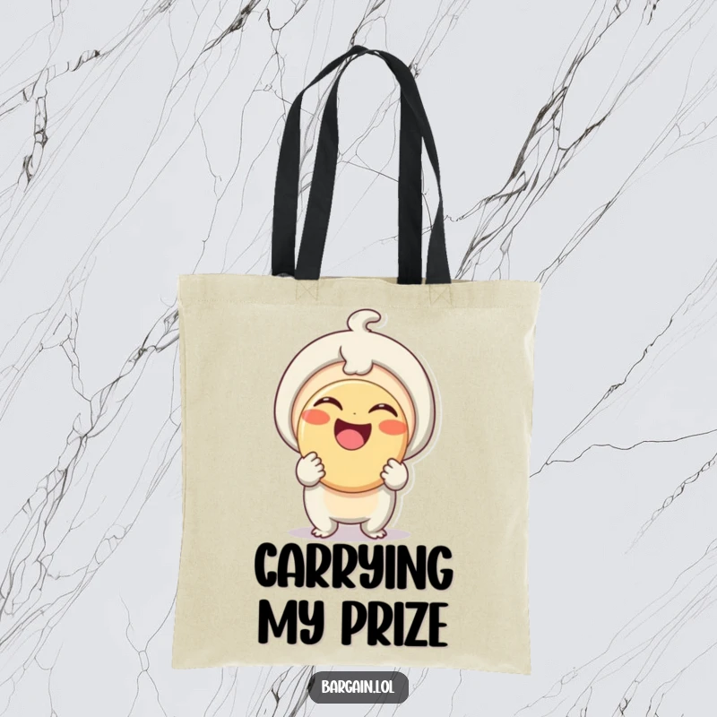 Funny Tote Bag: A delighted small entity beams, proudly clutching a comically oversized button, symbolizing a grand passion.