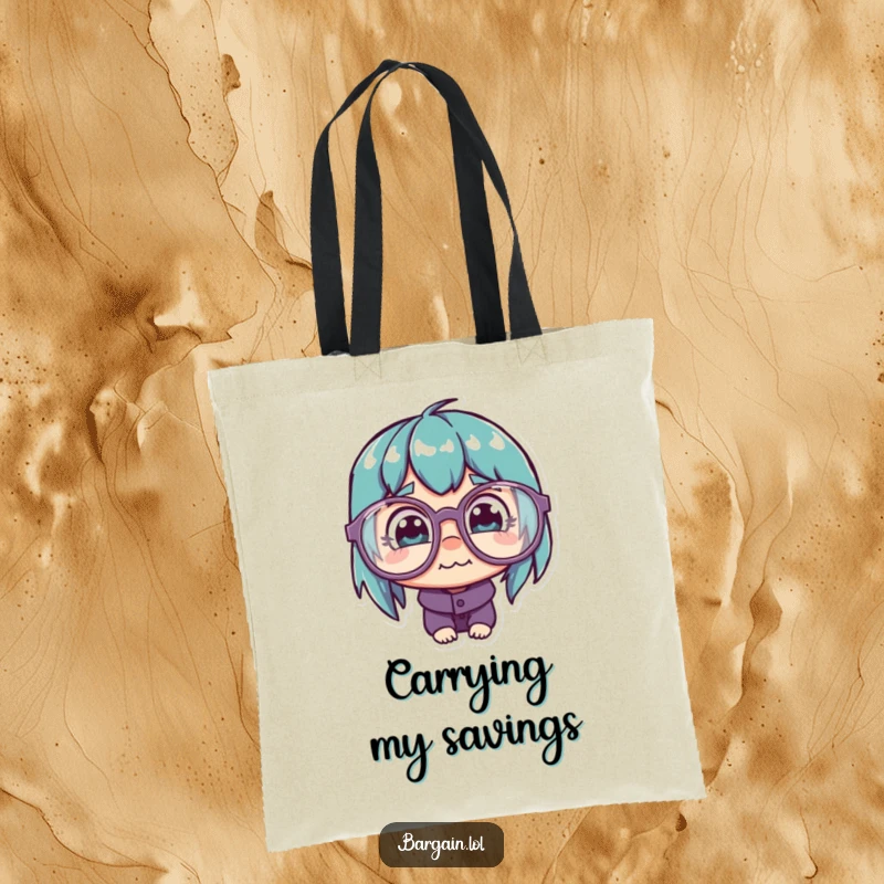 Funny Tote Bag: Character with big glasses, looking at a cheap price tag, ideal for shoppers.