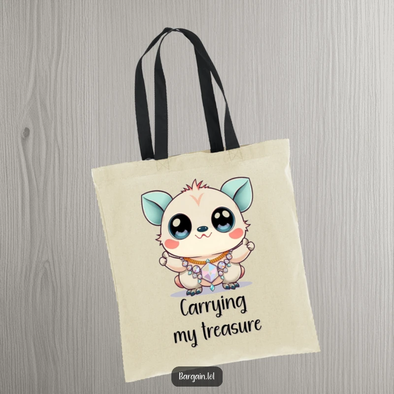 Funny tote bag with a creature sporting huge googly eyes, triumphantly holding a sparkly, cheap necklace.
