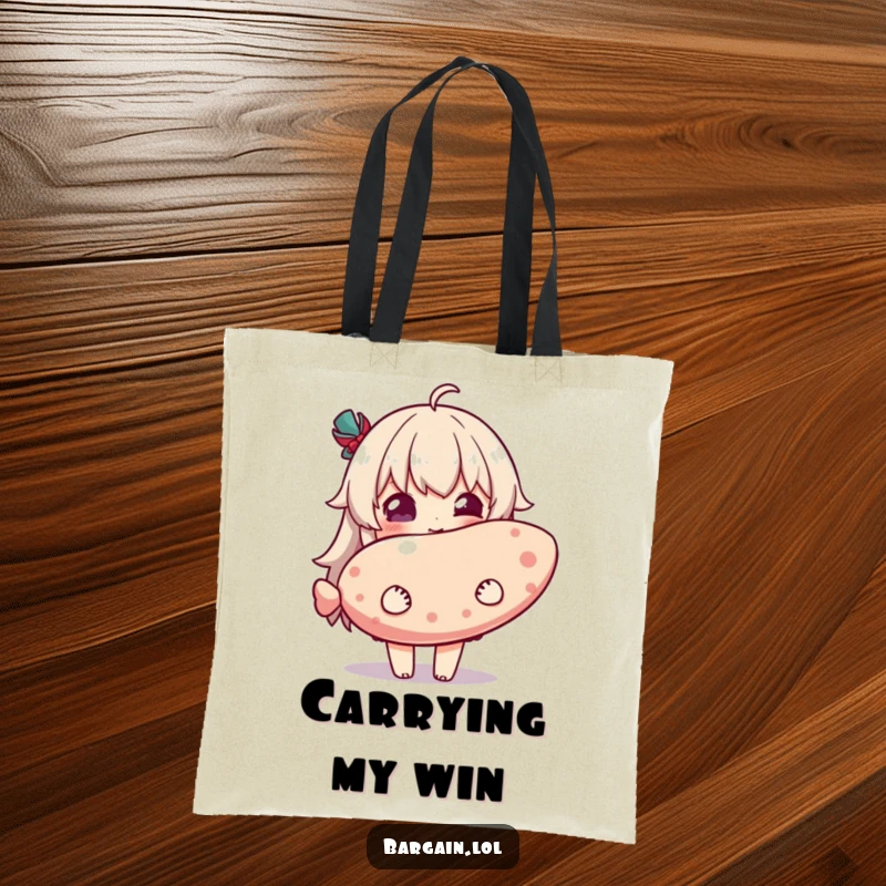Funny tote bag with a character expressing pure delight while holding a ridiculously oversized novelty item, perfect for carrying joy.