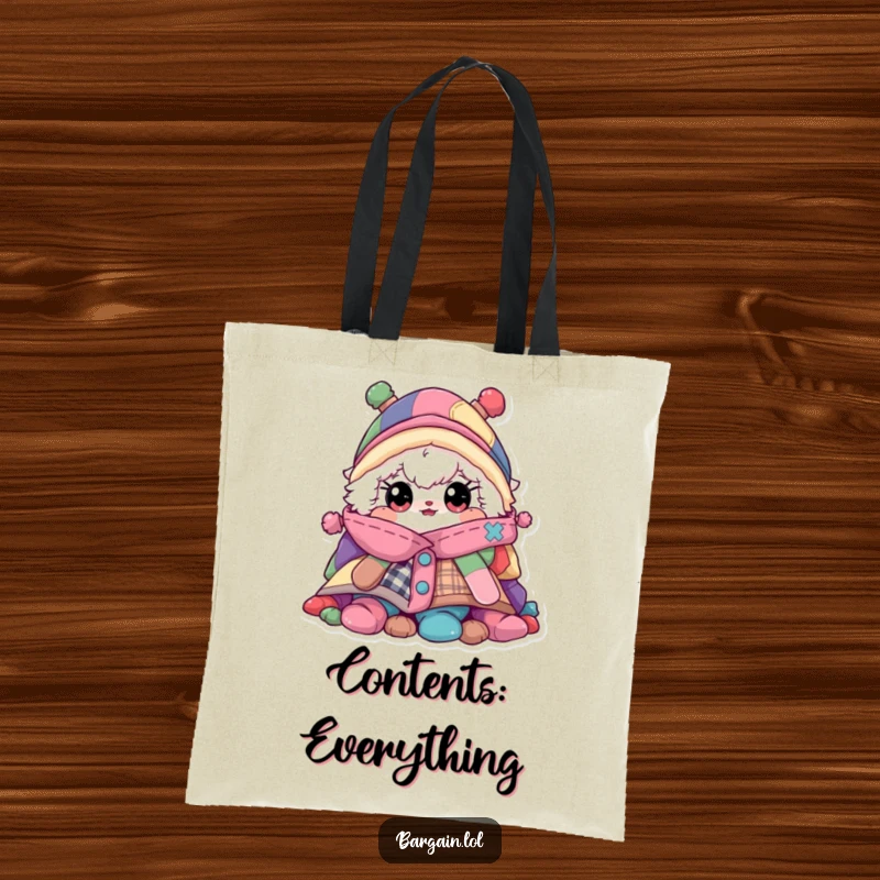 Funny tote bag, fluffy character peeking from a massive pile of colorful clothing, ideal for shoppers.