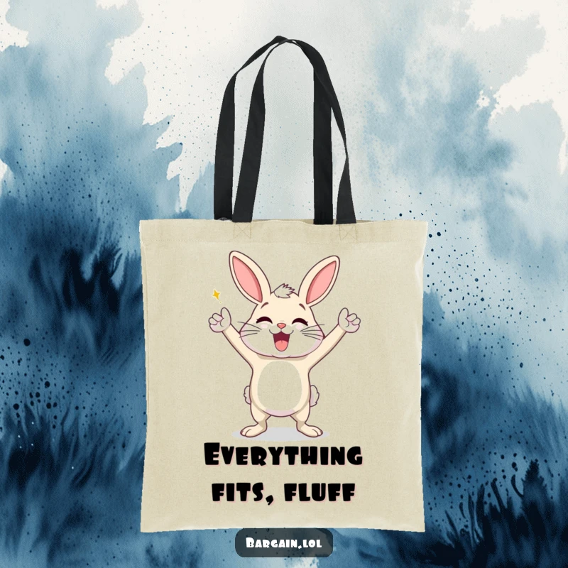Funny tote bag showcasing an exaggeratedly happy dust bunny in a triumphant victory dance, ideal for carrying essentials with joy.