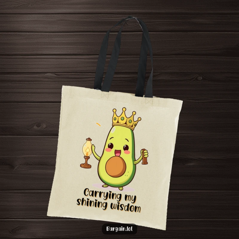 Funny triumphant avocado wearing a paper crown holding a dusty vintage lamp on a tote bag.
