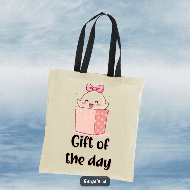 Funny tote bag: A happy blob character bursting from a large, polka-dotted gift box, a humorous and functional accessory.