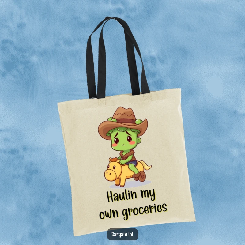 Funny tote bag featuring a confused broccoli sprout in a cowboy hat riding a squeaky toy, ready for errands.