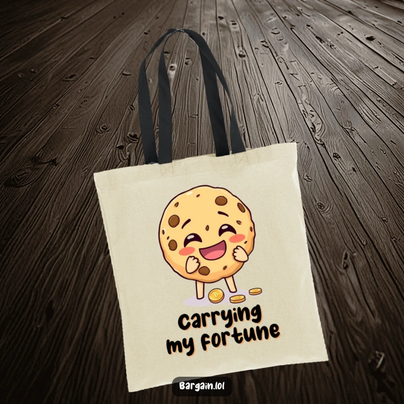 Funny cheeky cookie crumbling with laughter while holding a dropped coin on a tote bag. A humorous and useful accessory.