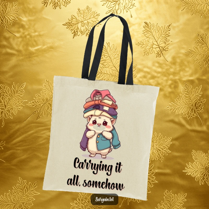 Funny fuzzy creature intensely concentrating while balancing a tall stack of vintage clothing, featured on a stylish tote bag.