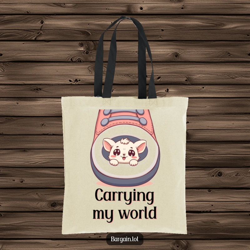 Funny tote bag with a tiny creature peeking out from a giant shoe, looking curious and happy.