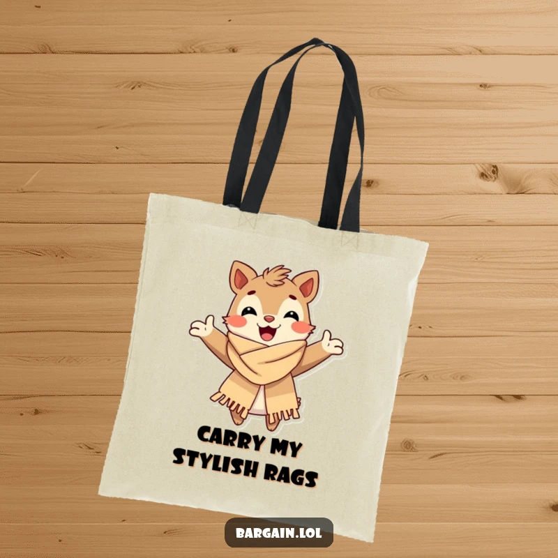Funny Tote Bag: A happy creature joyfully embraces a stylish, albeit slightly worn, scarf, making this a chic and practical accessory.