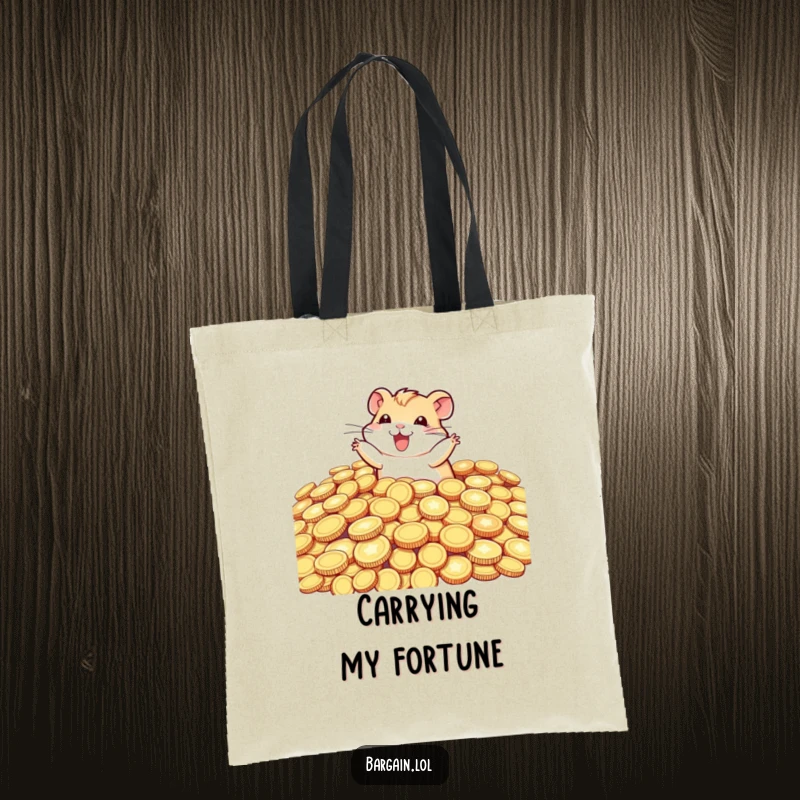 Funny tiny hamster diving into a large pile of shimmering coins, featured on a durable tote bag for a touch of humorous wealth.