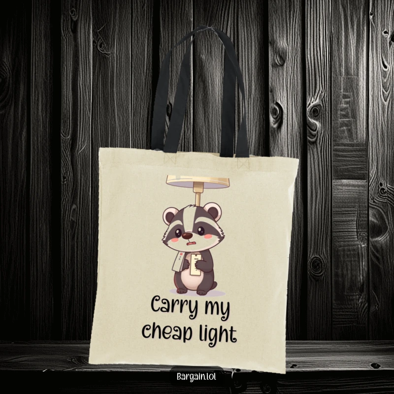 Funny Kawaii badger tote bag illustrating a badger comically surprised by a cheap lamp price, great for shopping trips.