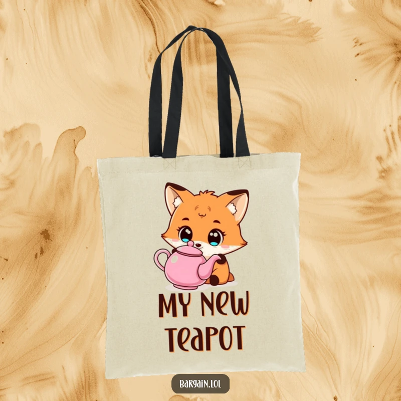 Funny Kawaii fox tote bag illustrating a fox with wide eyes admiring a cheap, unusual teapot, great for stylish carrying.