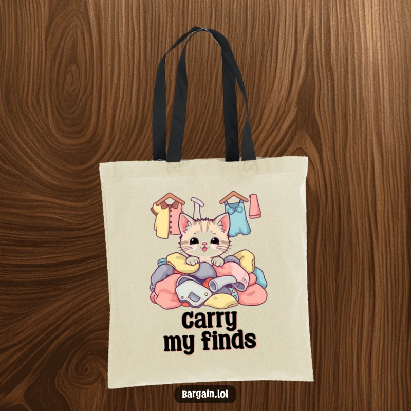 Funny kawaii kitten peeking happily from a vibrant stack of thrift store clothing, ready to carry your essentials in style.