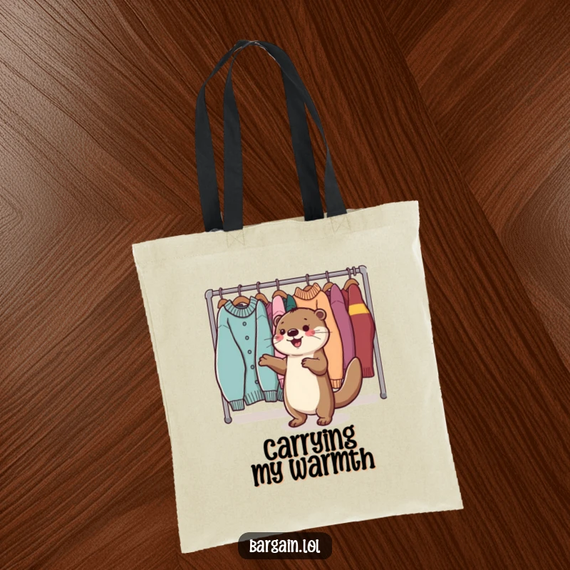 Funny Kawaii otter tote bag illustrating a happy otter dancing near a sweater rack, great for carrying warm items.