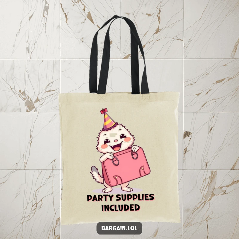 Funny Tote Bag: A delighted creature in a party hat poses with a huge retro handbag, perfect for carrying party essentials in style.