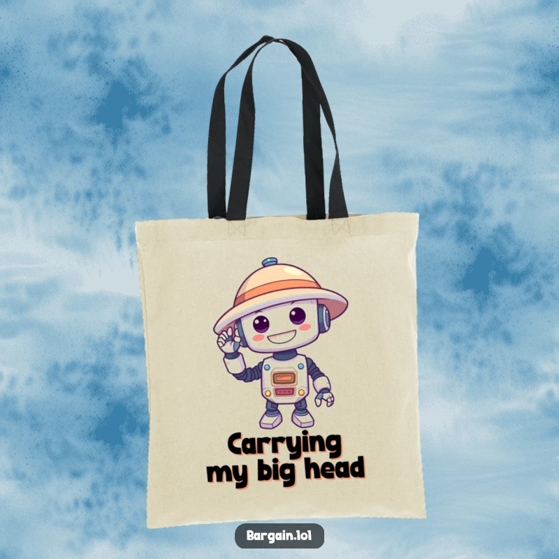 Funny tote bag showing a silly robot with a delighted grin hilariously struggling to wear an oversized hat.