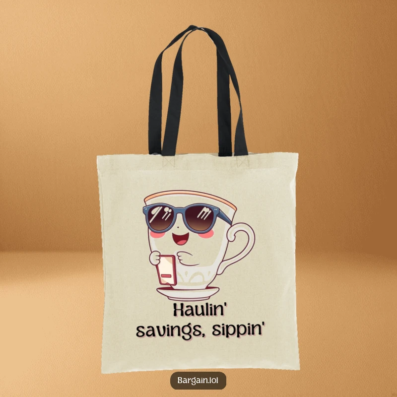 Funny giggling teacup wearing sunglasses and holding a tiny coupon clip on a tote bag. A humorous and useful accessory.