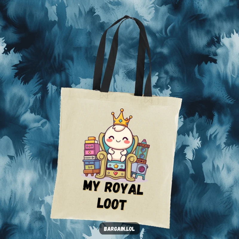 Funny tote bag showing a round, cheerful character with a tiny crown sitting on a throne made of eclectic thrift store items.