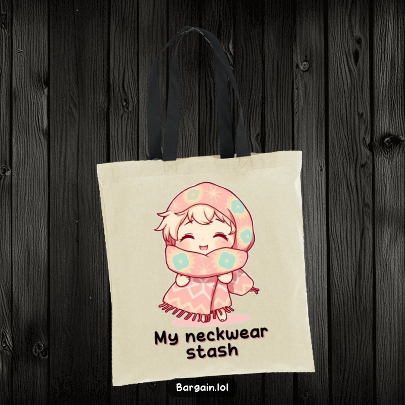 Funny tote bag with a character's radiant smile, admiring an outrageously large, uniquely patterned scarf, perfect for carrying joy and essentials.