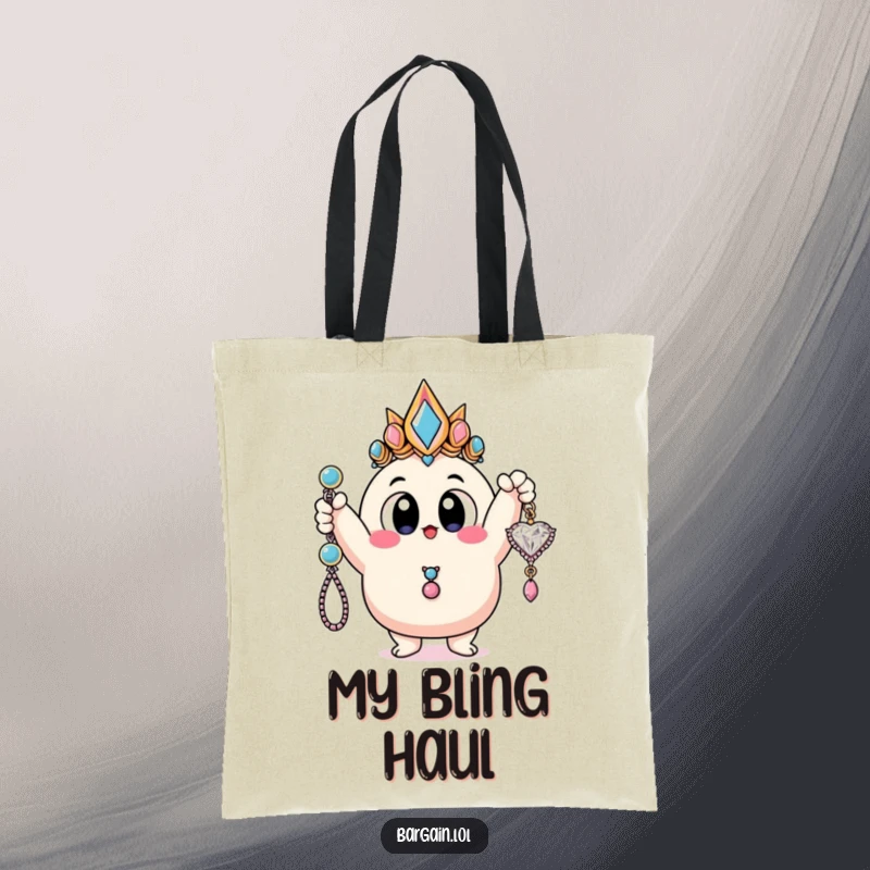 Funny tote bag featuring a blobby character with huge eyes proudly holding a ridiculously cheap, yet dazzling, piece of jewelry.