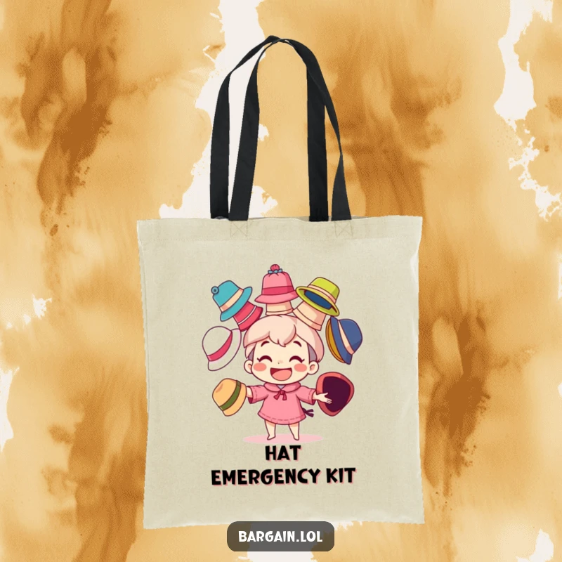 Funny tote bag featuring a character with a big grin, juggling several mismatched, colorful hats, perfect for carrying daily fun.
