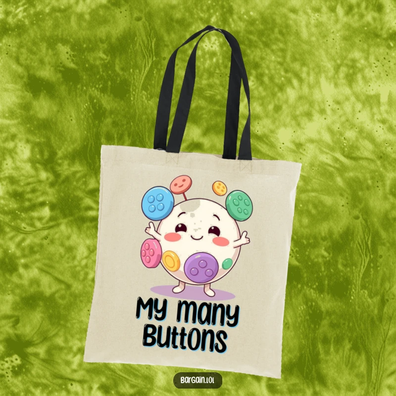 Funny tote bag depicting a spherical character gleefully juggling oversized, colorful buttons.