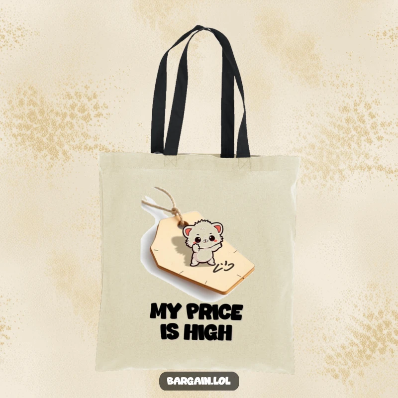 Funny tote bag with a small, fuzzy creature striking a dramatic pose on a discarded price tag.