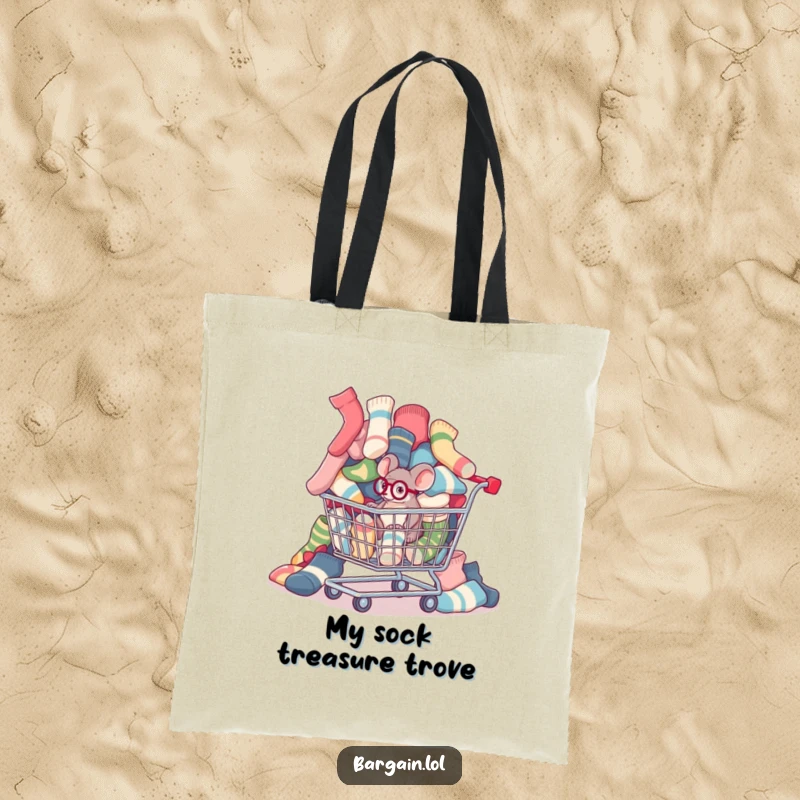 Funny tote bag with a tiny mouse wearing a monocle inspecting mismatched socks spilling from a shopping cart.